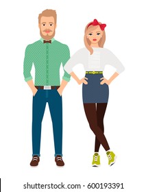 Retro style dressed fashion couple on white background. Vector illustration