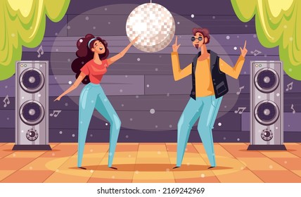 Personas vestidas de estilo retro bailando en la composición de la discoteca. Ilustración de elementos de diseño de dibujos animados