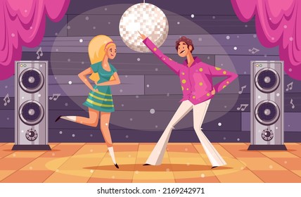 Personas vestidas de estilo retro bailando en la composición de la discoteca. Ilustración de elementos de diseño de dibujos animados