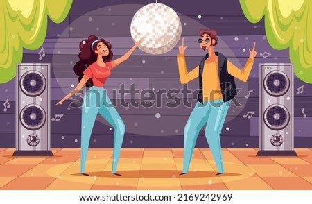 Retro style dressed people dancing in nightclub composition. Vector cartoon design element illustration