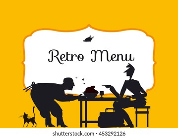 retro style eating people silhouette. vintage restaurant guest header with frame. vector illustration of black and white concept old cafe  poster