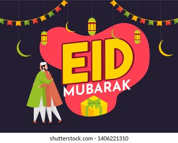 Retro style Eid Mubarak Poster or banner design. illustration of cartoon character Muslim men hugging each other.