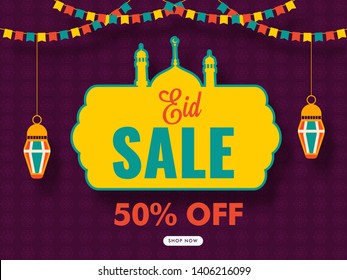 Retro style Eid sale poster or banner design with bunting decoration on purple background.