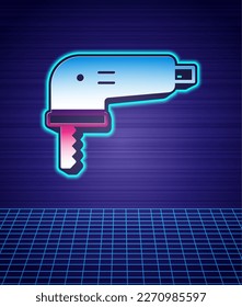 Retro style Electric jigsaw with steel sharp blade icon isolated futuristic landscape background. Power tool for woodwork. 80s fashion party. Vector