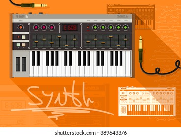 Retro style electronic synthesizer (synth). Vector illustration.