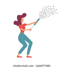 Retro style elegant woman with confetti popper flat color vector faceless character. Caucasian girl having fun, celebrating holiday. 50s lady shooting festive petard isolated cartoon illustration