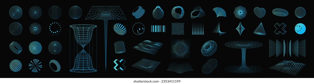 Retro style elements - abstract shapes, wireframe. Surreal geometric shapes, wireframe, elements and perspective grids. Vector illustration