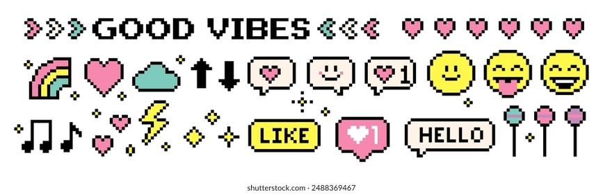 Retro style elements set in pixel art. Rainbow, smile, arrow, heart. Y2k trendy playful pixels stickers. Mood of 90's aesthetics. Vector illustration. Funny colored. Simple geometric form. Icon pack