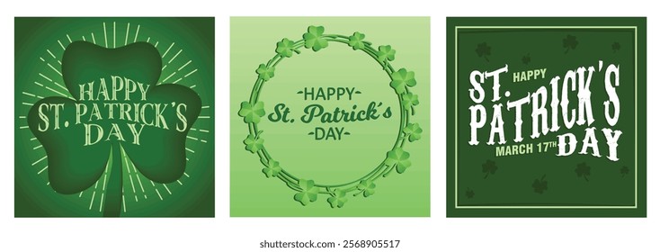 Retro style emblem, clover leaf. St. Patrick's Day with a garland of clovers. Green celebrations in Ireland. St. Patrick's Day concept. Set flat vector illustration.