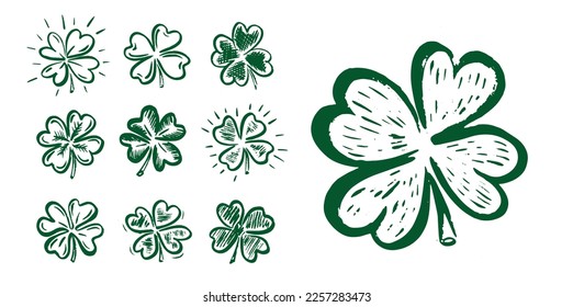 Retro Style Emblems leaf clover, St. Patrick's Day, hand drawn Illustration.