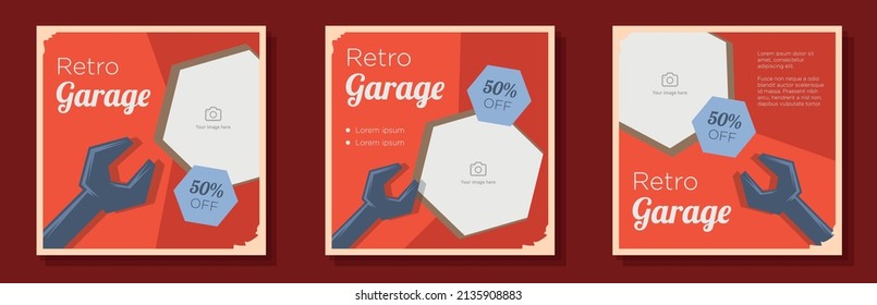 Retro style engineering social media post, banner set, mechanic garage business advertisement concept, handyman fixer marketing square ad, abstract print, isolated on background.