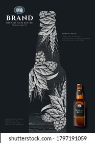 Retro style engraving bottle design on black background with beer bottle in 3d illustration