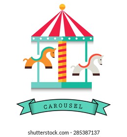 Retro style entertainment park carousel with spinning horses isolated on white background vector illustration