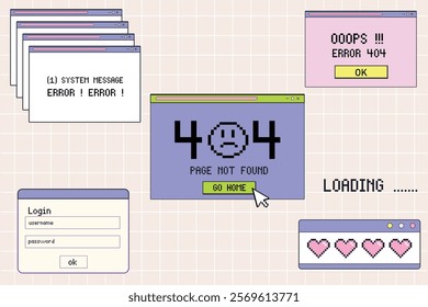 Retro style error page design with 404 message, login screen, and loading animation on a pastel grid background