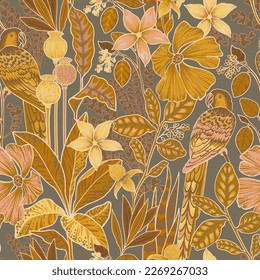 Retro style. Exotic flowers and birds in tiffany style. Seamless pattern. 