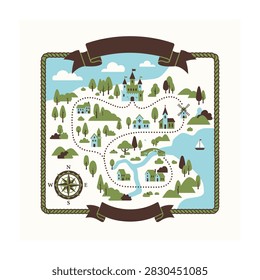Retro style fantasy treasure map featuring a castle, forest, river and compass rose. Dotted path leads through landscape. Ideal for adventure themes, travel, or game design.