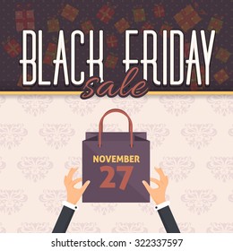Retro Style Flat Black Friday Sale Poster, Flyer, Card or Web Banner Advertising Template. Hands Hold Shopping Bag