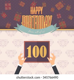 Retro Style Flat Happy Birthday Vector Design. Announcement and Celebration Message Poster Age 100