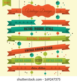 Retro style flat ribbon design set. Vector illustration
