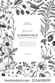 Retro style floral border design. Vintage summer background. Wildlife sketches. Wildflowers botanical illustration. Hand-drawn field flowers, birds, and animals for wedding invitation, decoration