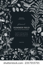 Retro style floral border design. Vintage summer background. Wildlife sketches on chalkboard. Wildflowers botanical illustration. Hand-drawn field flowers, birds, and animals for wedding invitation