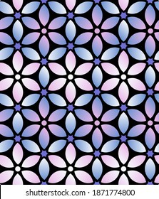 Retro style floral seamless vector pattern. Gradient flower ornament with six petals surrounded by leaves. Stock illustration for web, print, background wallpaper, wrapped and scrapbooking paper.