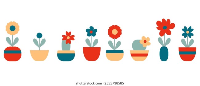 Retro style flowers in pots collection. Perfect minimalist design. Hand drawn vector illustration.