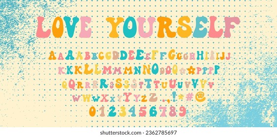 Retro style font alphabet. Groovy font. Hippie doodle typography. Groovy alphabet letters, numbers, punctuation marks. 60s groovy font. Retro cartoon alphabet. Vintage grunge hippie background.