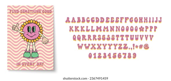 Retro style font alphabet. Groovy font. 60s and 70s typography. Groovy alphabet letters, numbers, punctuation marks. 60s groovy font. Retro cartoon alphabet. Vintage hippie lettering.