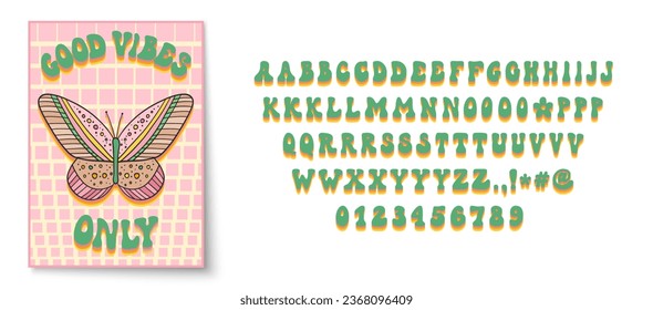 Retro style font alphabet. Groovy font. 60s and 70s typography. Groovy alphabet letters, numbers, punctuation marks. 60s groovy font. Retro cartoon alphabet. Vintage hippie lettering.
