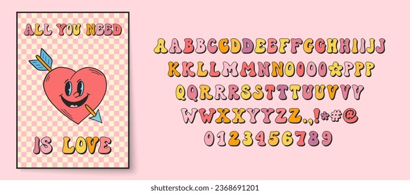 Retro style font alphabet. Groovy font. 60s and 70s typography. Groovy alphabet letters, numbers, punctuation marks. Valentines day retro lettering. 60s groovy. Retro cartoon alphabet. Vintage hippie.