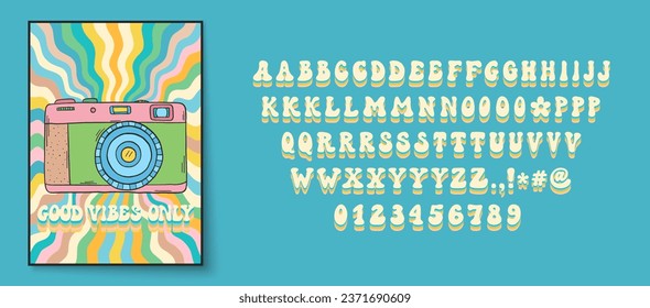 Retro style font alphabet. Groovy font. 60s and 70s typography. Groovy alphabet letters, numbers, punctuation marks. 60s groovy font. Retro cartoon alphabet. Vintage hippie lettering.