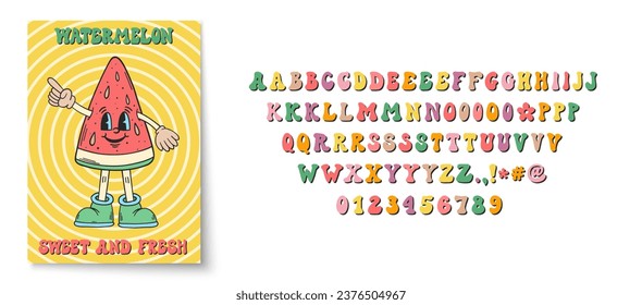 Schriftalphabet im Retro-Stil. Groovy font. Typografie der 60er und 70er Jahre. Groovy Alphabet Buchstaben, Zahlen, Satzzeichen. 60er-Jahre-Groovy-Schriftart. Retro Cartoon-Alphabet. Vintage Hippie-Schrift.