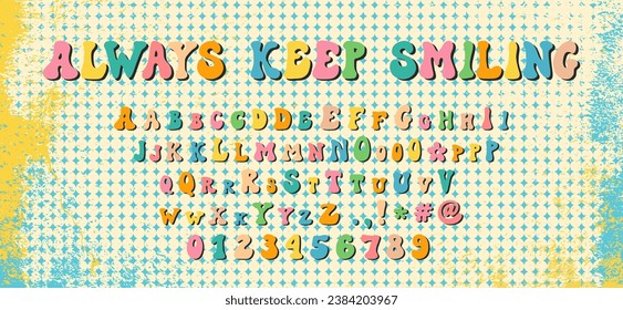 Retro style font alphabet. Groovy font. Hippie doodle typography. Groovy alphabet letters, numbers, punctuation marks. 60s groovy font. Retro cartoon alphabet. Vintage grunge hippie background.