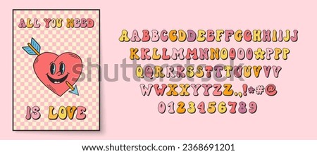 Retro style font alphabet. Groovy font. 60s and 70s typography. Groovy alphabet letters, numbers, punctuation marks. Valentines day retro lettering. 60s groovy. Retro cartoon alphabet. Vintage hippie. [[stock_photo]] © 