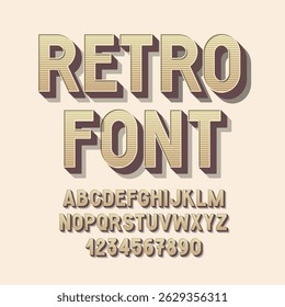 Retro Style Font. Bold Alphabet. Volumetric Old Letters and Numbers.