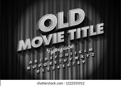 Retro style font, Old Movie title screen, alphabet letters and numbers vector illustration