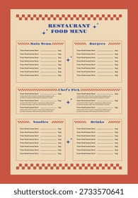 Plantilla de menú de comida de estilo retro para restaurante. Diseño de menú de cafetería limpio y simple.