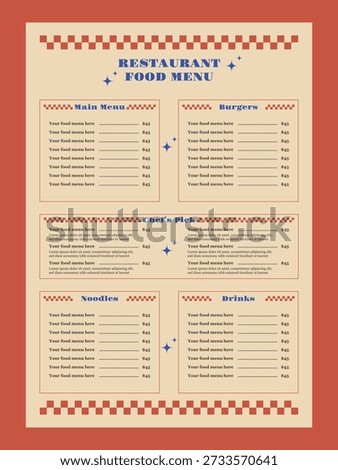 Retro style food menu template for restaurant. Clean and simple cafe menu design.