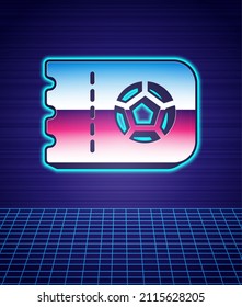 Retro style Football or soccer ticket icon isolated futuristic landscape background. 80s fashion party. Vector