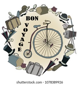 Retro style frame with bicycle and "bon voyage" words.