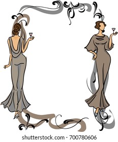 Retro style frame / border with elegant women holding martini glasses. Vintage background, vector.