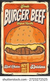 Póster publicitario de carne de res de hamburguesa fresca de estilo retro