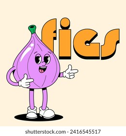 Retro style fruit with arms and legs. Violet groove Figs. Vector illustration for design