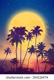 Retro Style Full Moon Rise With Palm Silhouettes Vector Poster Background