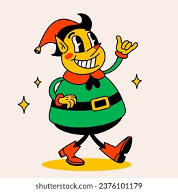 Retro style Funny cartoon christmas elf Groovy vintage 70s Elf character with gift box.