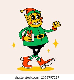 Retro style Funny cartoon christmas elf Groovy vintage 70s Elf character with gift box.
