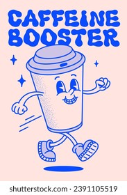 Retro style Funny cartoon coffee cup poster. Groovy vintage 70s coffee paper cup character and caffeine booster text. Ideal for stickers, poster designs, and vintage themed prints and projects.