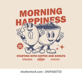 retro style funny cartoon donut and coffee cup. groovy vintage 70s. can be used as t shirt, sticker, poster, print design and other uses. vector illustration