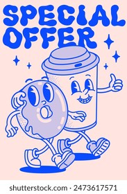 Retro style Funny cartoon donut and coffee cup poster. Special offer flyer, Groovy vintage 70s coffee and donut characters walking arm in arm.